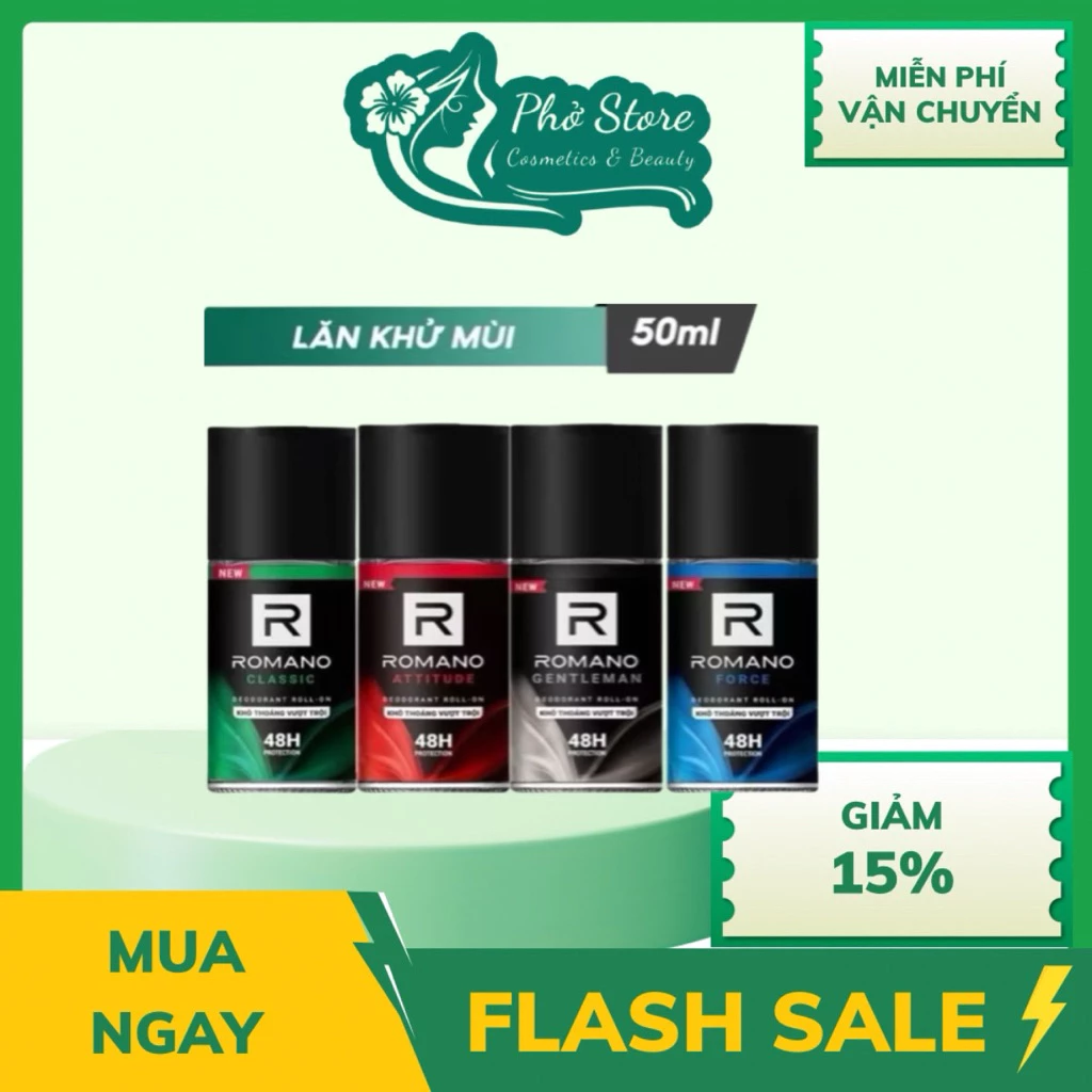 Lăn khử mùi nam nam kháng khuẩn & khô thoáng cả ngày Romano 50ml/chai - 4 mùi có sẵn
