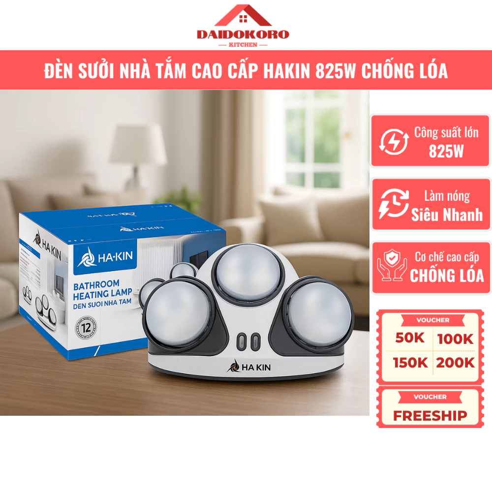 Đèn Sưởi Nhà Tắm Cao Cấp Vovi Hakin 825W Nóng Siêu Nhanh 5s, Bóng Đèn Chống Chói, Khe Tản Nhiệt