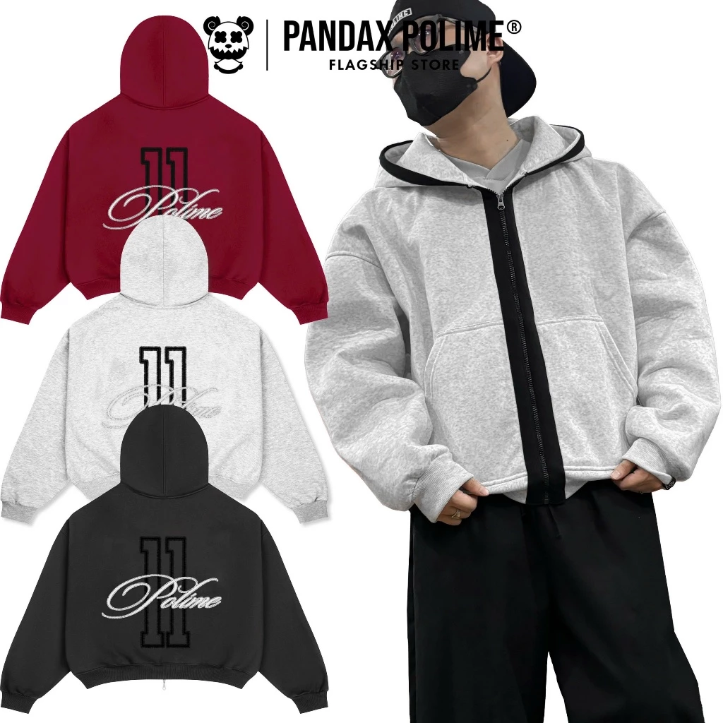 Áo khoác hoodie big boxy thêu xù zip nỉ ép hai lớp vải 2 da chiều form rộng ngắn px pandax polime