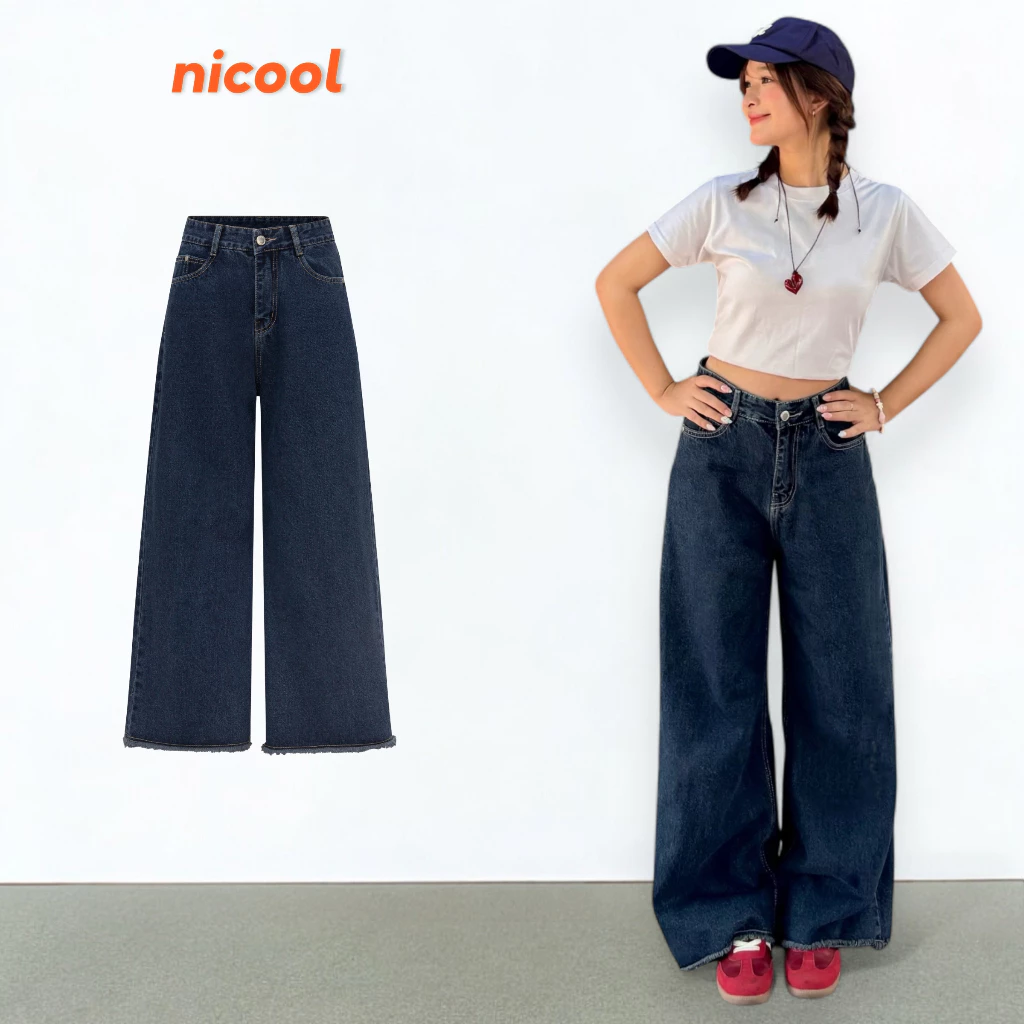 Quần Jean Nữ Ống Suông Rộng NICOOL Lai Phối Tua Rua Quần Bò Trơn Lưng Cao Tôn Dáng Nữ Tính N41-Q66