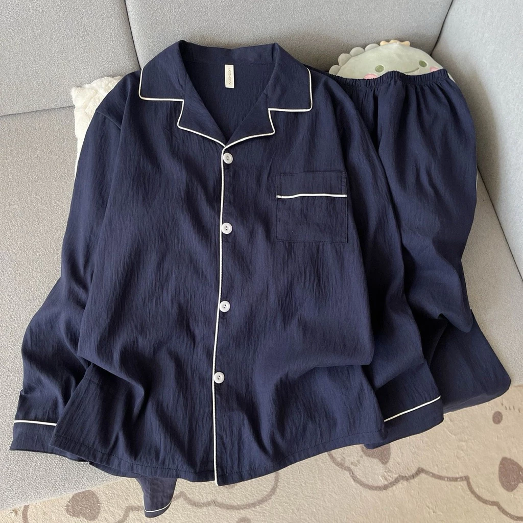 𝐂𝐡𝐚𝐫𝐥𝐨𝐭𝐭𝐞.𝐨𝐝_ Set Bộ Ngủ Pyjama Dài Tay Trơn Đơn Giản Chất Đũi Mây Cho Nam Nữ