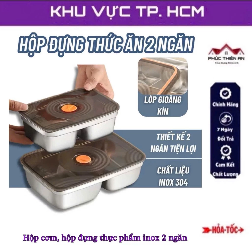[2 ngăn] Hộp inox304, có 2 ngăn đựng thực, phẩm đựng cơm, nắp kín - tiện dụng, siêu bền