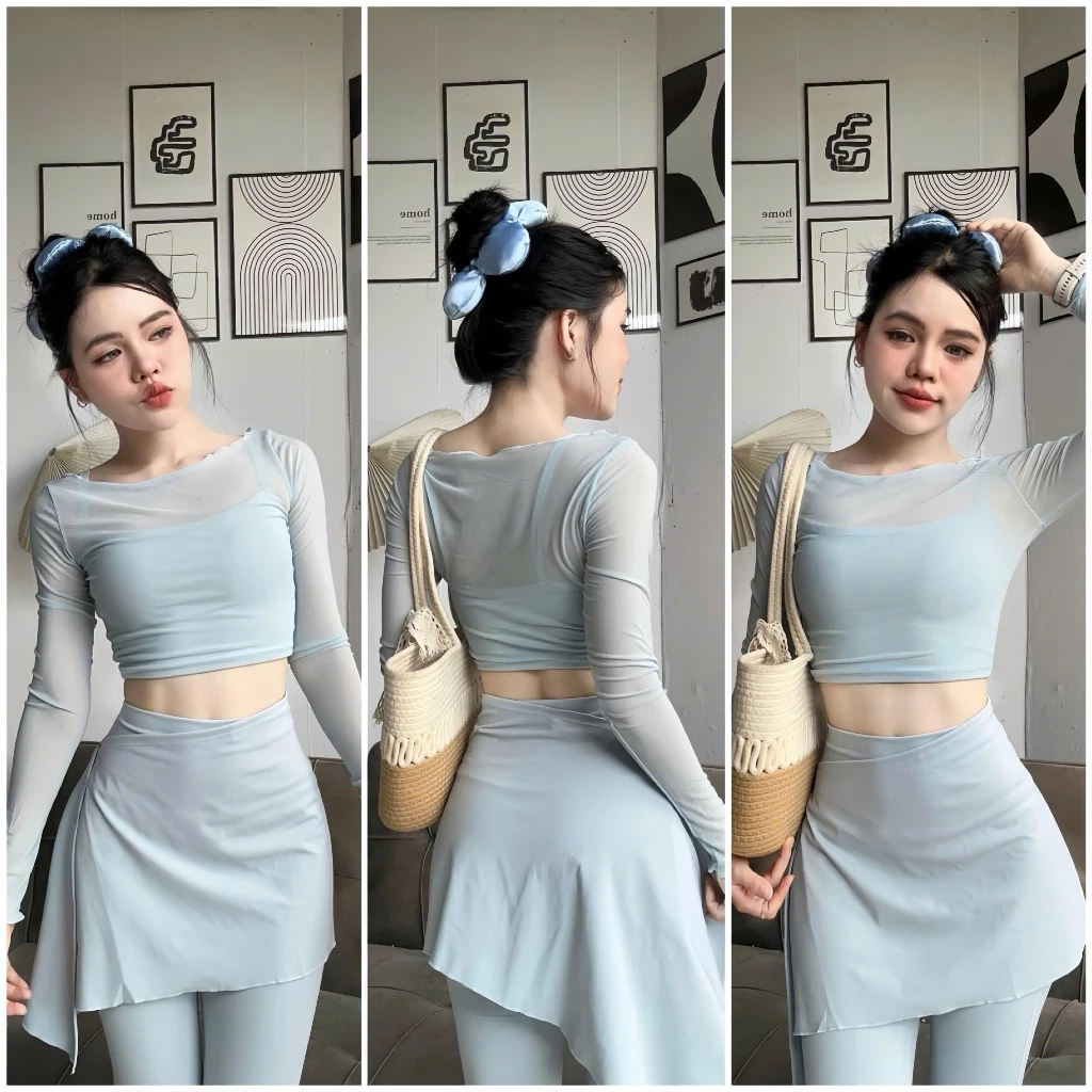 Đồ tập Gym -Yoga-Aerobic- Pilates Quần Loe Kèm Vạt S6 Áo Tay Dài Phối Lưới Quảng Châu ( có tách lẻ)