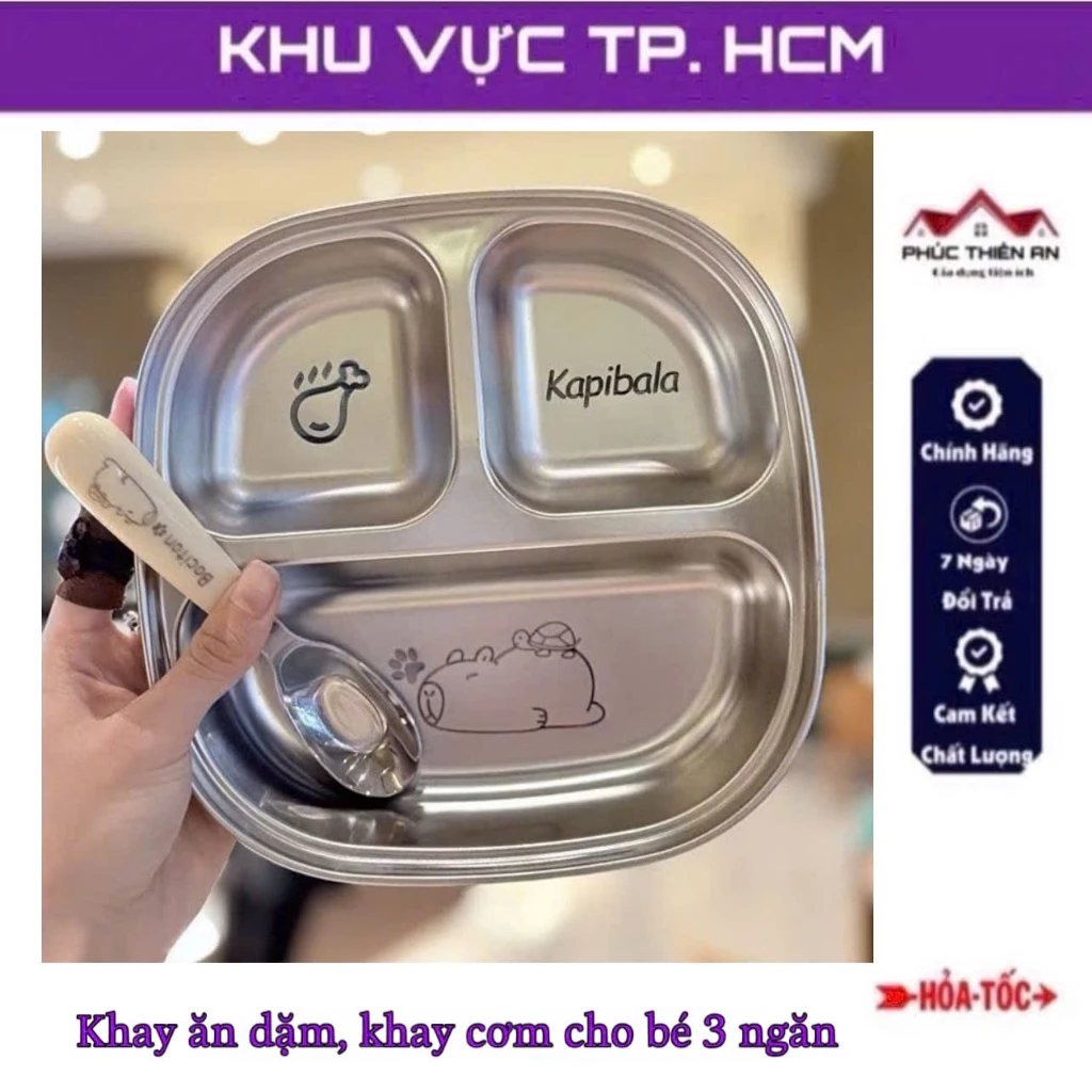 [3 ngăn] Khay ăn dặm 3 ngăn cho bé kèm thìa muỗng, chất liệu inox cao cấp - tiện dụng, an toàn