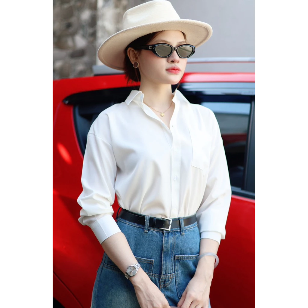 ÁO SƠ MI NỮ TRẮNG DÀI TAY FORM RỘNG 1 TÚI BASIC AM78