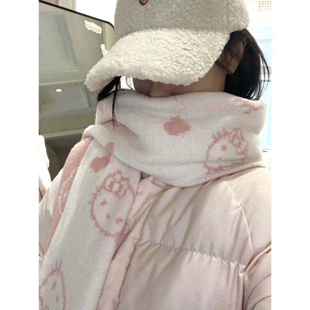 [739] Khăn len dệt kim choàng cổ hồng cho nữ chất dày dặn hoạ tiết Hello Kitty xinh iu cute dễ thương