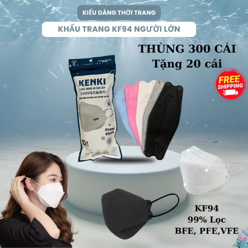 Thùng 300` 200 Cái khẩu trang 4D KF94 KENKI Mask chính hãng 4 lớp kháng khuẩn chống tia UV