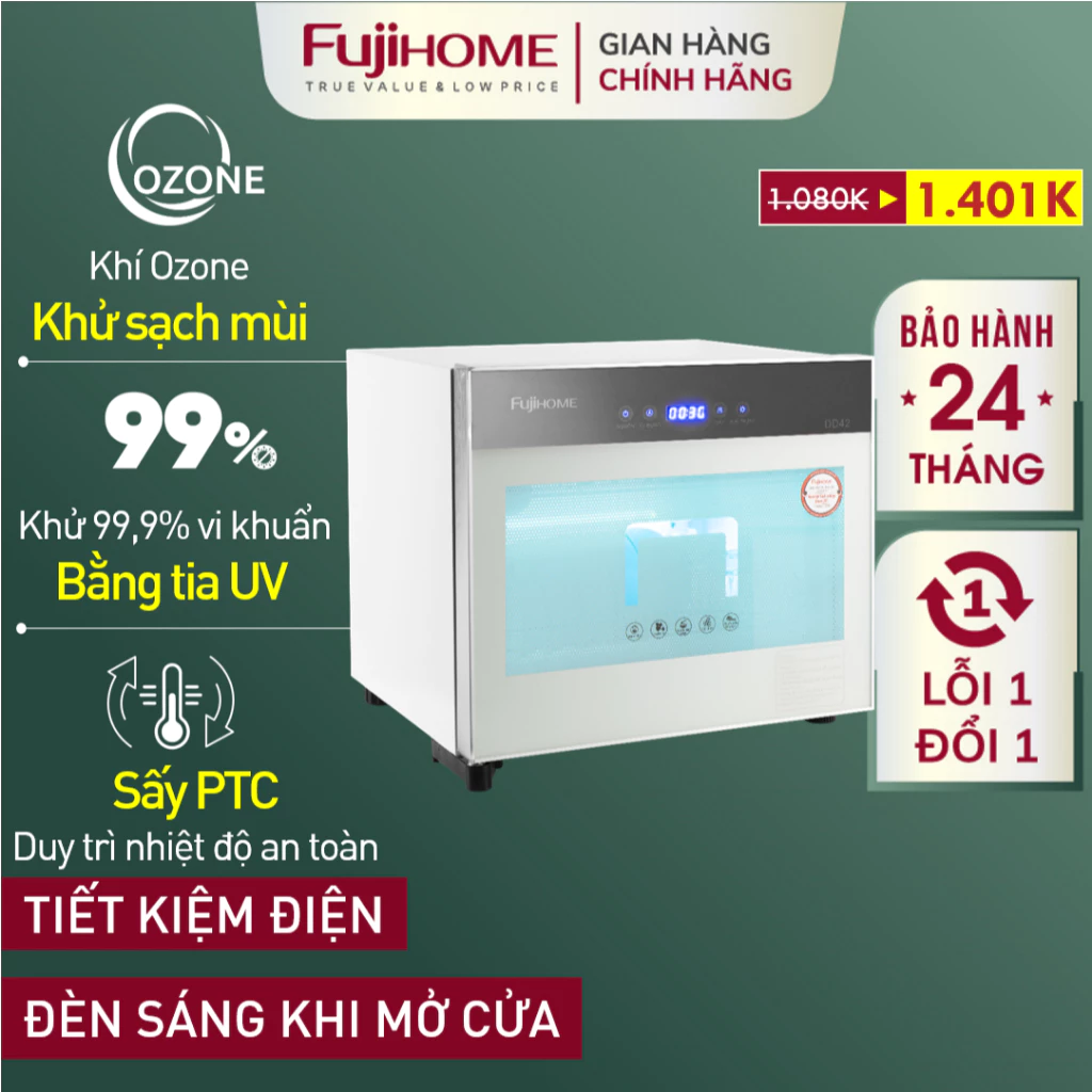Tủ sấy bát đĩa khử khuẩn UV & Ozone DD42 FUJIHOME, Máy sấy khô đựng chén đũa khử trùng dụng cụ y tế