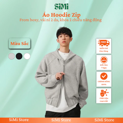Áo hoodie zip form boxy unisex SiMi vải nỉ 2 da cao cấp khóa nhôm 2 chiều phong cách hàn quốc