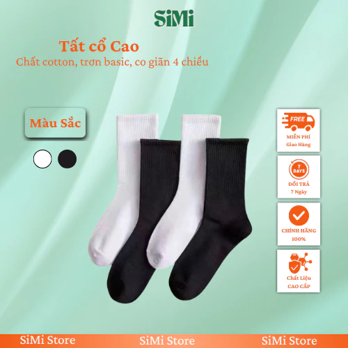 Tất nam cổ cao SiMi chất cotton, Vớ dài nam nữ trơn basic co giãn bốn chiều phong cách unisex Hàn Quốc