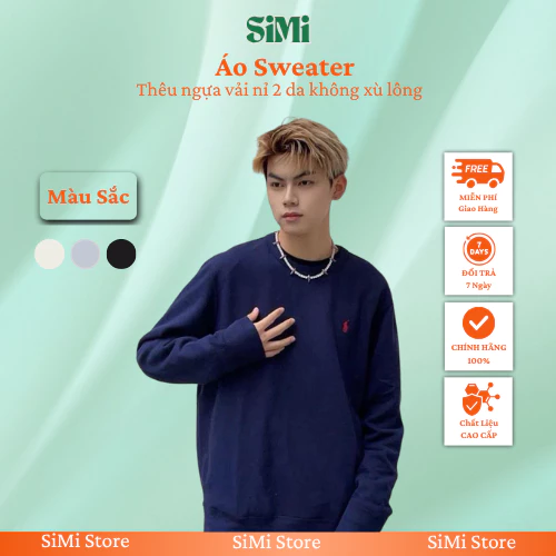 Áo Sweater Cổ Tròn SiMi Nam Nữ Form Rộng Logo Thêu, Áo Nỉ 2 Da Cao Cấp Thu Đông