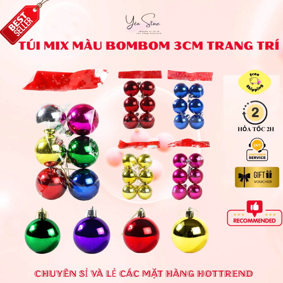 Túi 12 Cái Mix Màu Bombom Treo Trang Trí Cây Thông Dịp Giáng Sinh Decor Nhà Cửa DIY YEN Store