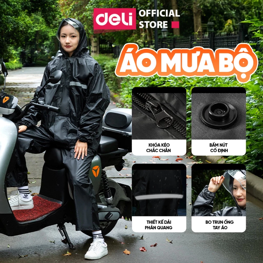 Áo Mưa Bộ Nam Nữ Thời Trang Deli Cao Cấp – Vải PVC Dày Dặn Chống Thấm Tuyệt Đối, Bo Chun Chắc Chắn, Tiện Dụng Khi Đi Xe