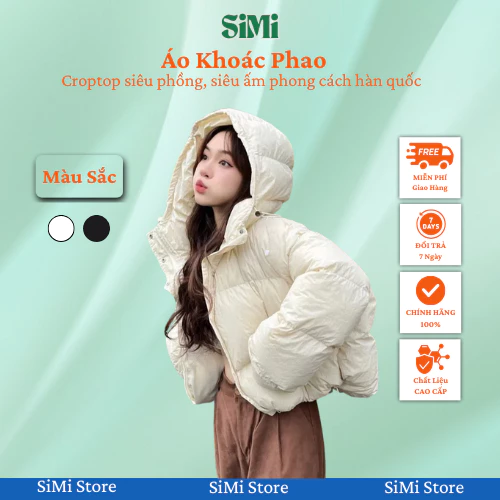 Áo khoác phao croptop nữ SiMi dáng ngắn siêu phồng, giữ ấm mùa đông, áo phao nữ có mũ thời trang Hàn Quốc
