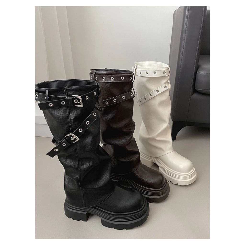Giày Boots Nữ Cổ Cao Đế Chunky 6.5cm Khóa Đai Cá Tính Phong Cách Y2K