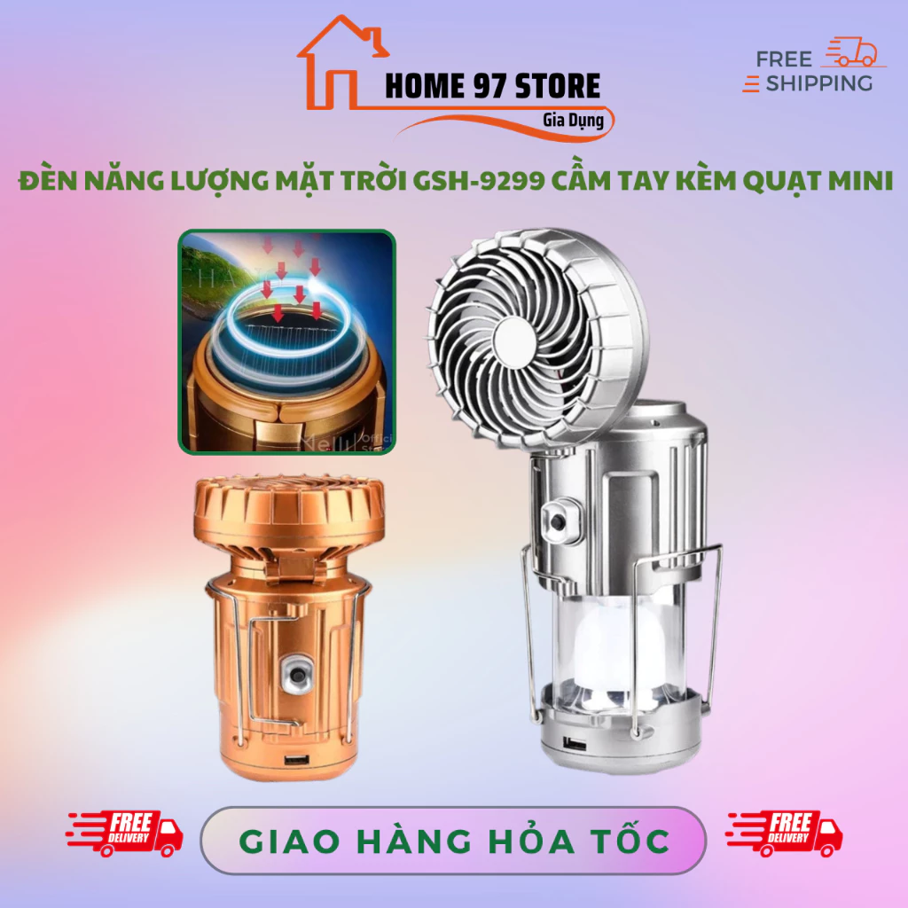 Đèn năng lượng mặt trời GSH-9299 cầm tay kèm quạt mini, pin lithium dung lượng cao, chiếu sáng mạnh, sạc USB tiện dụng