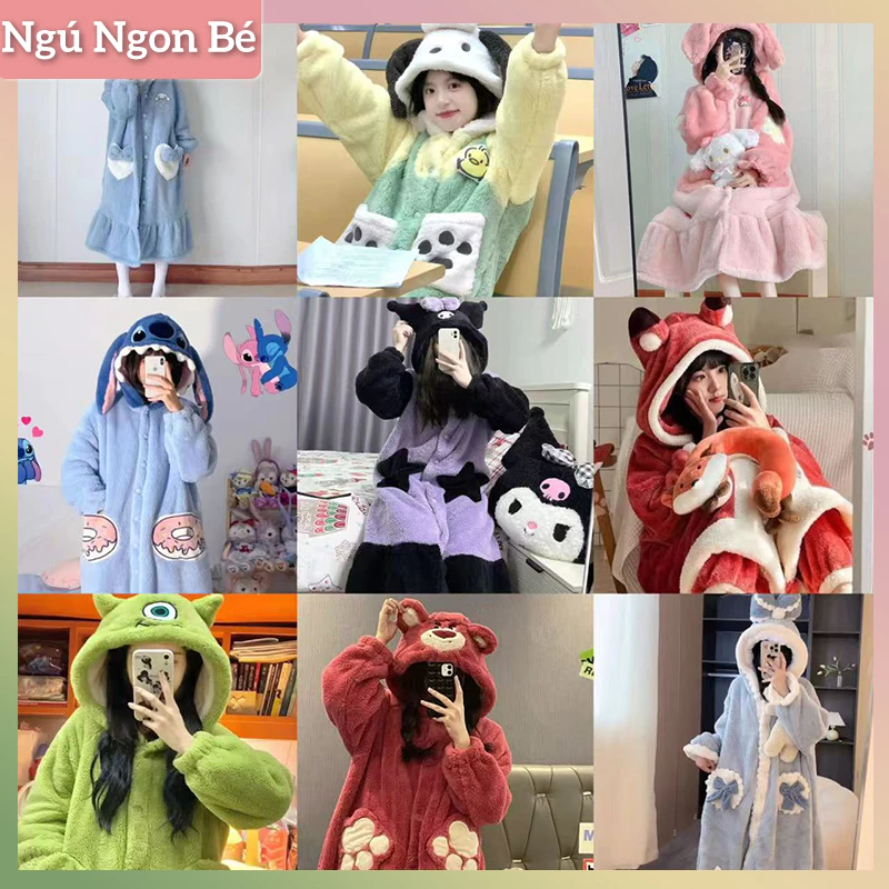 🔥sẵn hàng🔥Áo choàng tắm ngủ giữ nhiệt hoạt hình, dễ thương và Rộng rãi, dành cho phụ nữ, Đồ ngủ nhung san hô mùa đông
