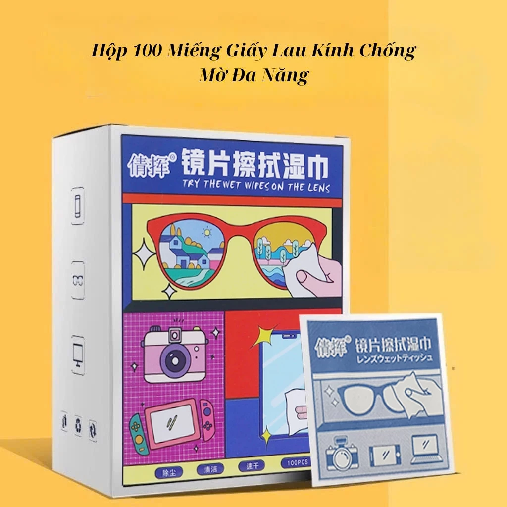 Hộp 100 Khăn lau kính nano chống bám hơi nước, Giấy lau kính mắt chống sương mù mồ hôi