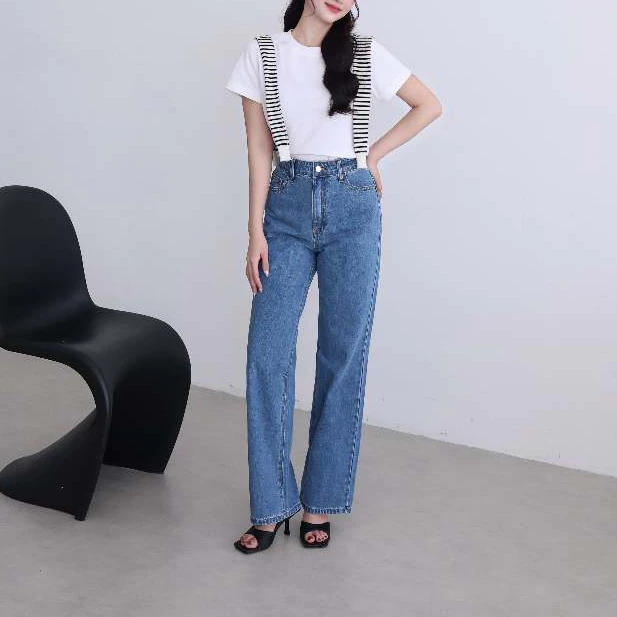 Quần Jean Nữ Ống Rộng Vừa L-021, Không Co Giãn, Jeans Mềm Lưng Cao Tôn Dáng, Màu Xanh Biển Trơn