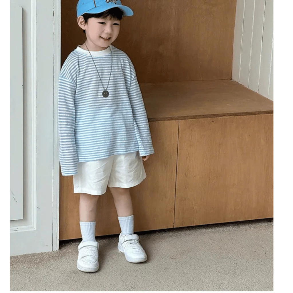 Áo phông dài tay sọc kẻ cho bé trai ELIOKIDS, áo thun tay dài kẻ sọc dáng rộng cho bé từ 7kg-32kg.