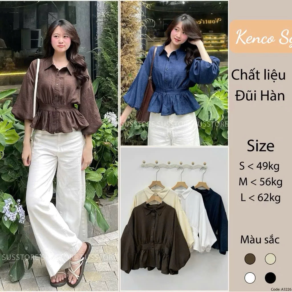 Áo Sơmi Bo Eo Lưng Chun Tay Bồng Cúc Dọc Đũi Hàn A3226 KENCO SHOP Thời Trang Nữ MA4226
