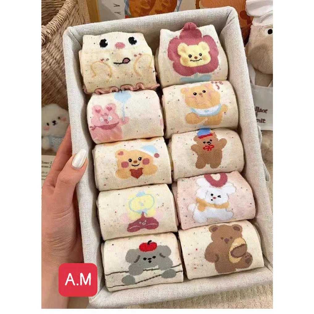 Set 10 Đôi Tất Nữ Họa Tiết Hình Thú Cute Cổ Cao Phối Màu Xinh