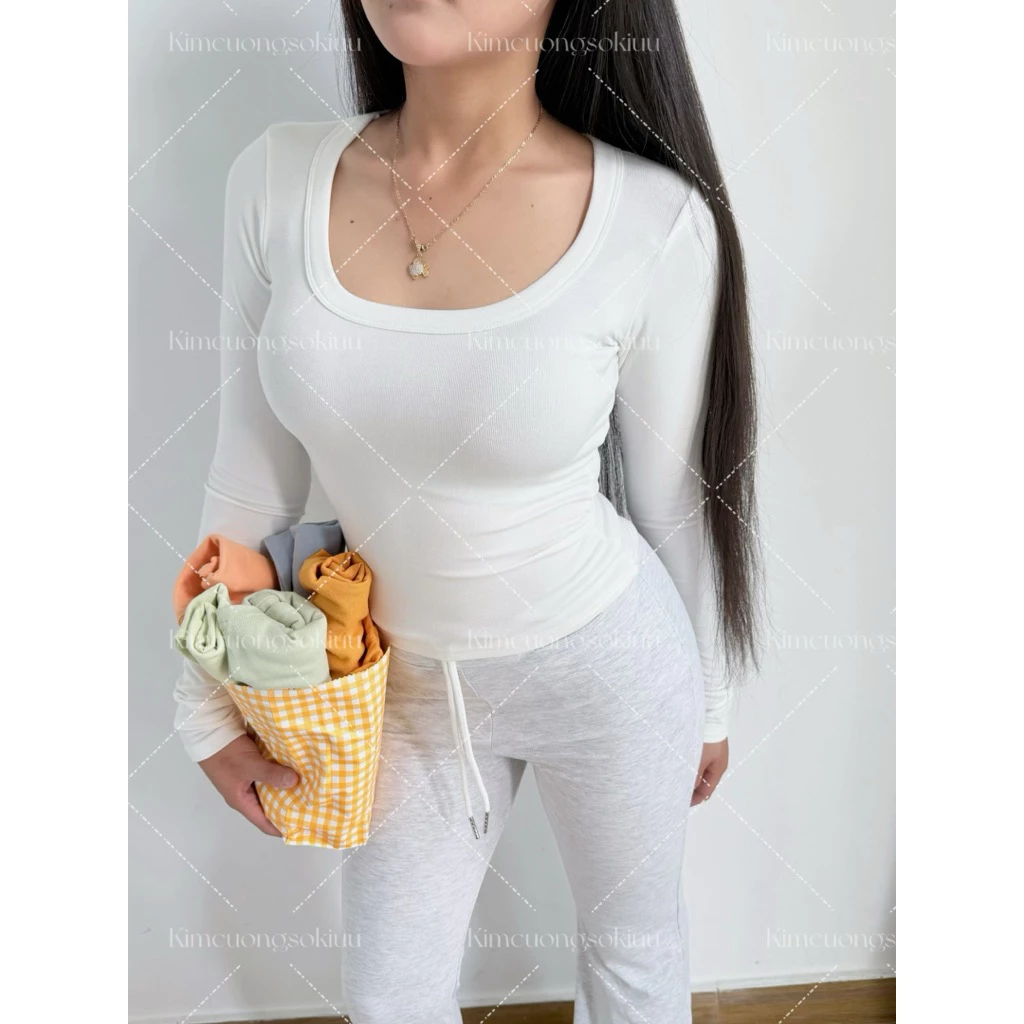 Áo Tay Dài Cổ Vuông Thắt Eo Dập Viền Ôm Body Nữ Form Đẹp Tôn Dáng, Áo Phong Cách Hàn Đi Chơi Đi Làm