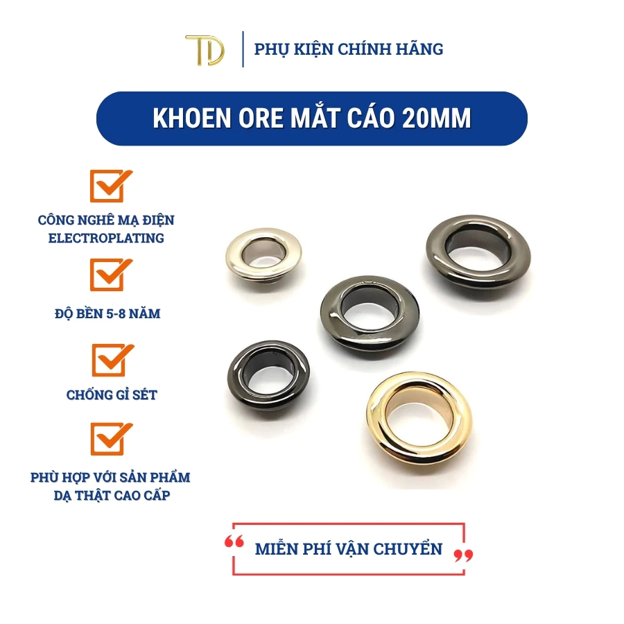 Set 5 bộ Khoen ore mắt cáo không gỉ kèm long đền 20mm 10mm dùng cho túi xách, quần áo, giày dép
