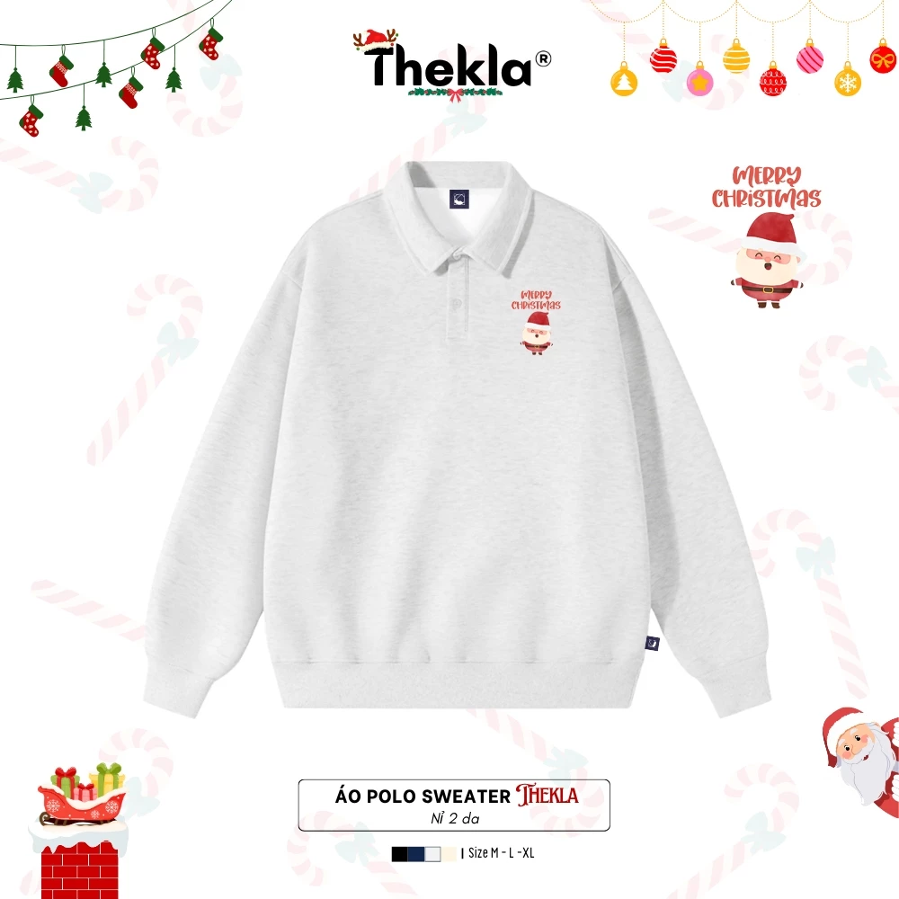 Áo Nỉ 2 Da Polo Cổ Bẻ Dáng Xuông Form Rộng By Thekla In Hình Ông Già Noel - BST397 Unisex Cho Nam Nữ Giữ Ấm Thu Đông