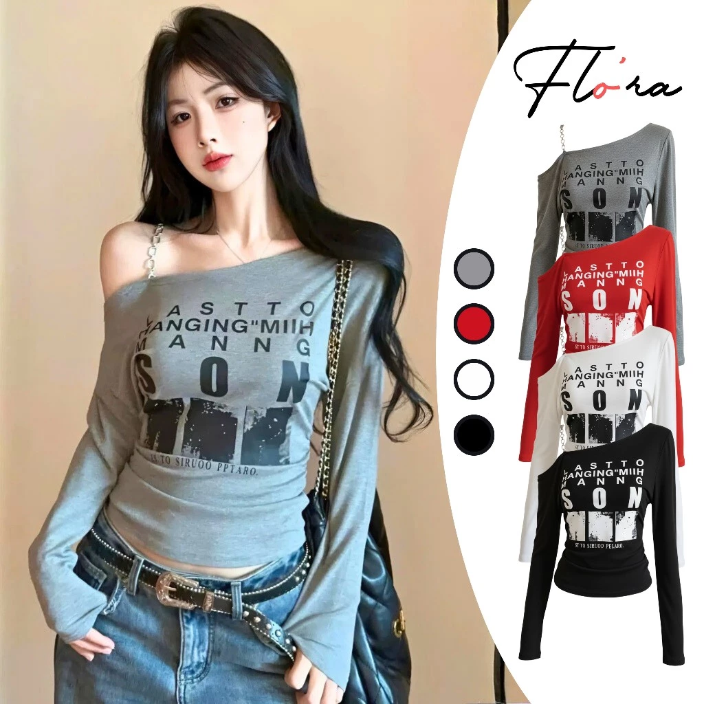 Áo Thun TAY DÀI LỆCH VAI PHỐI XÍCH Ôm Body DD167, Áo Thun Nữ Hở Vai Thun Borip Kiểu In Chữ Flo'ra