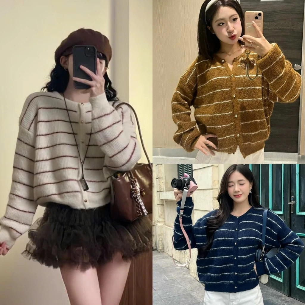 Áo cardigan len lông mềm kẻ sọc ngang, áo len cổ tròn phối cúc đồng Renee Store - AL1740