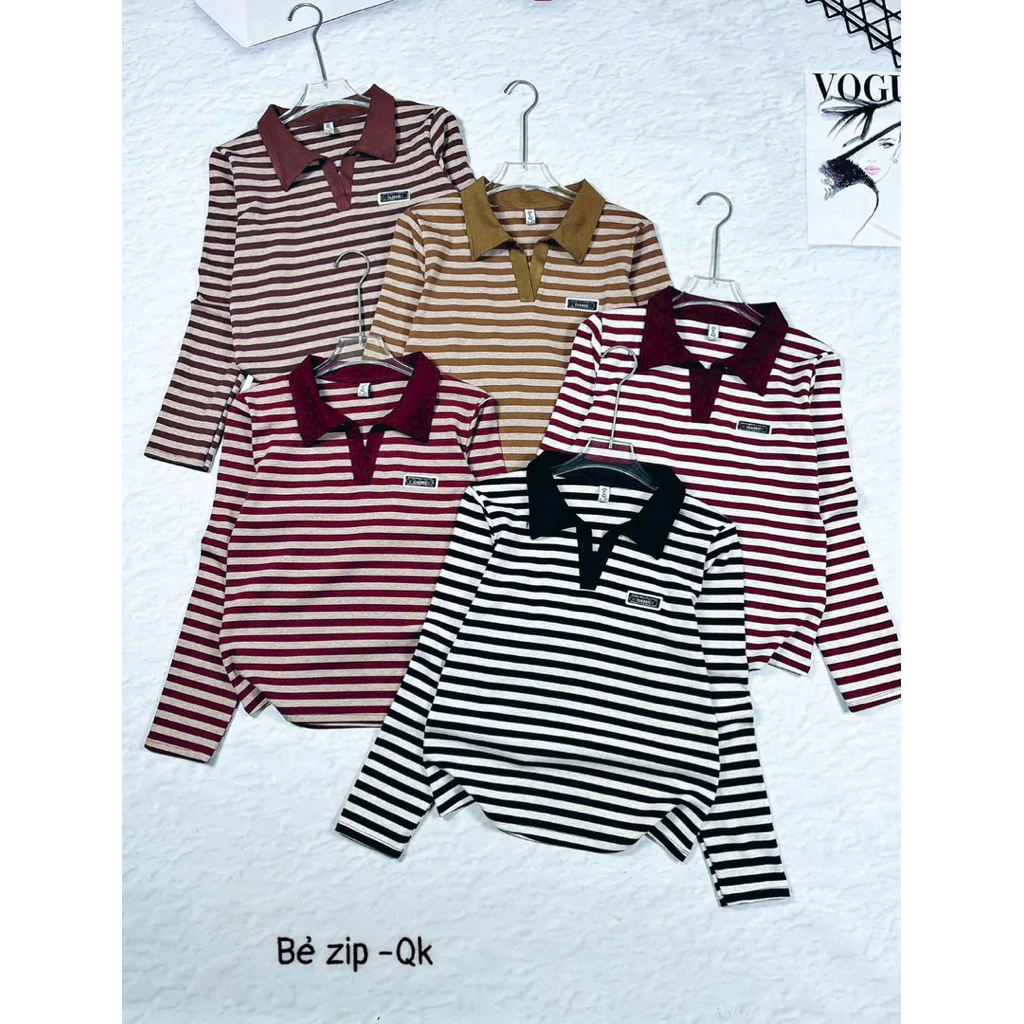 Áo thu đông nữ kẻ sọc cổ bẻ from vừa chất zip mềm mịn