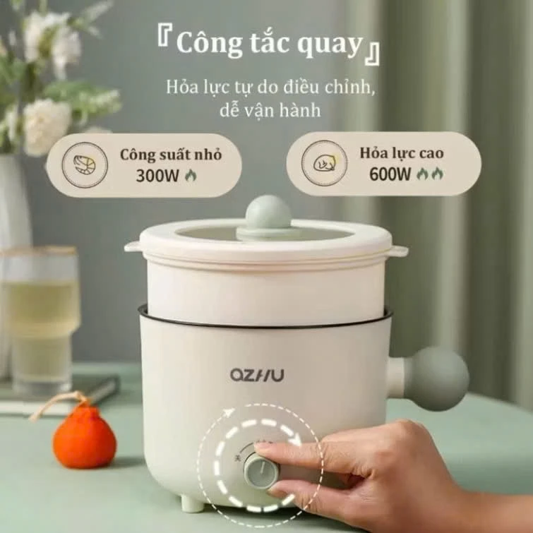 Nồi Lẩu Điện Mini Đa Năng, Ca Nấu Mì Ozhu 2 Nấc Nhiệt Dung Tích 1.8L Công Suất 600W Tặng Kèm Giá Hấp, Bảo Hành 12 tháng