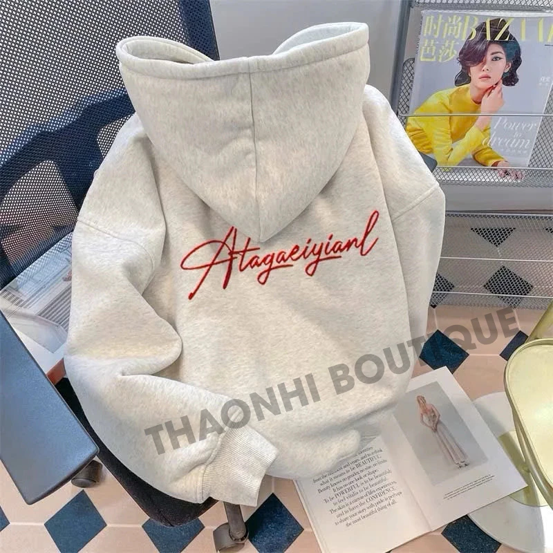 Áo Hoodie Zip Unisex Nỉ Bông Dày Dặn Xám + Màu Đen Form Rộng In Chữ Đỏ ATAGAEIYIANL - Áo Khoác Nam Nữ ( có túi trong )