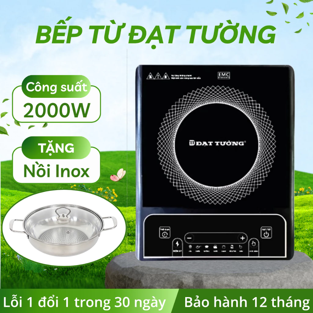 Bếp từ đơn Đạt Tường công suất 2000W tặng kèm nồi INOX, bếp điện 8 chế độ nấu tiết kiệm điện BH 12T