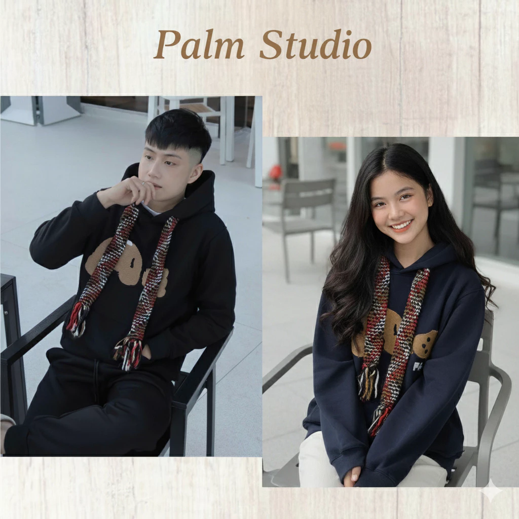 Áo Hoodie Nam Nữ Palm Thêu Hình Gấu Nâu Phối Dây Mũ Len Đan Chất Nỉ Ấm Áp Phong Cách Dễ Thương
