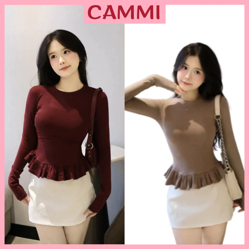 Áo thun cotton dài tay phối gấu bèo, Áo Thun Giữ Nhiệt Nữ Dài Tay Cổ Tròn Chất Co Giãn Tốt HA122 CammiHouse