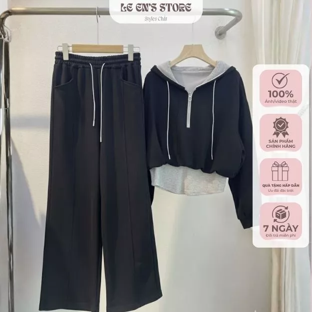 Set Bộ Nỉ Mũ Phối Quần Suông Rộng – Đồ Nỉ kNữ Cotton Dày Mịn, Form Rộng Hot Trend- B85