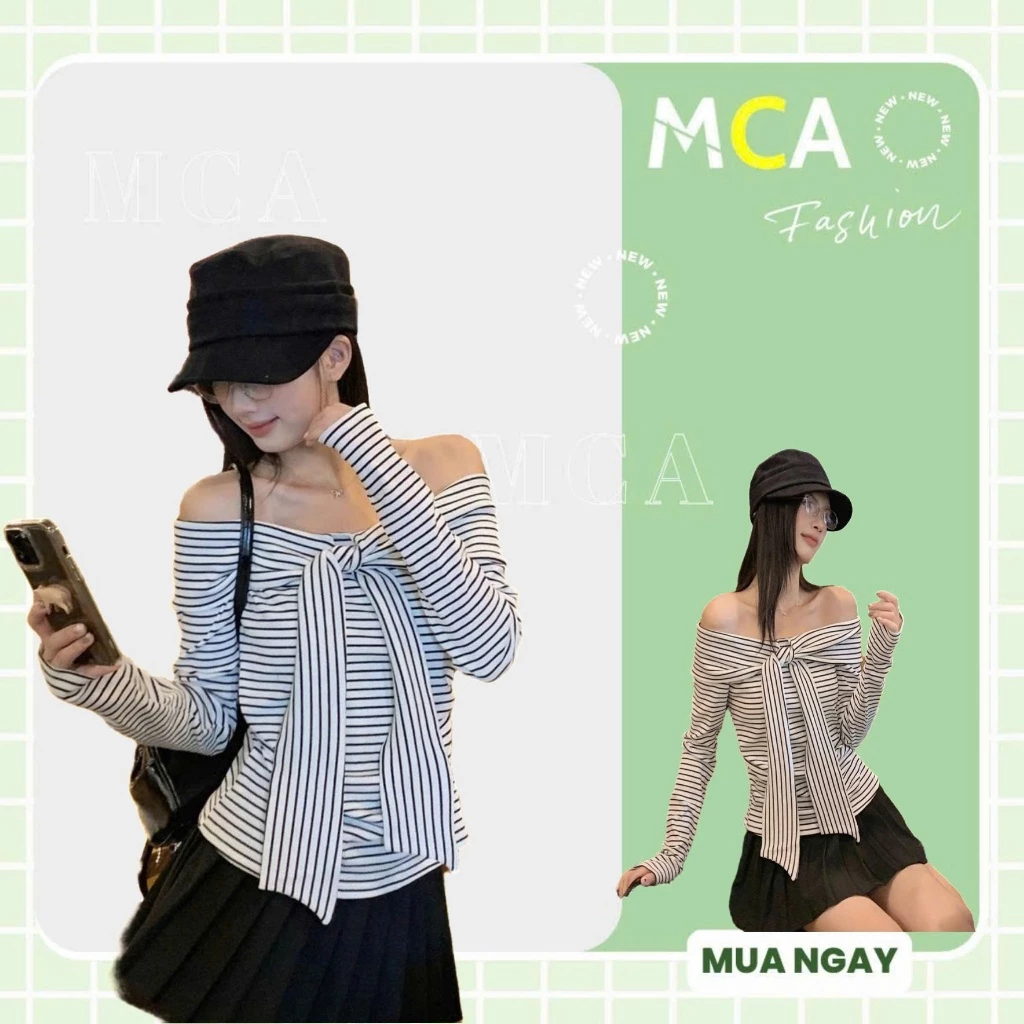 [ Video Sp Thực Tế ] Áo Kiểu Trễ Vai Tay Dài Kẻ Sọc MCA Kiểu Thắt Nơ Xoắn Ngực A51510