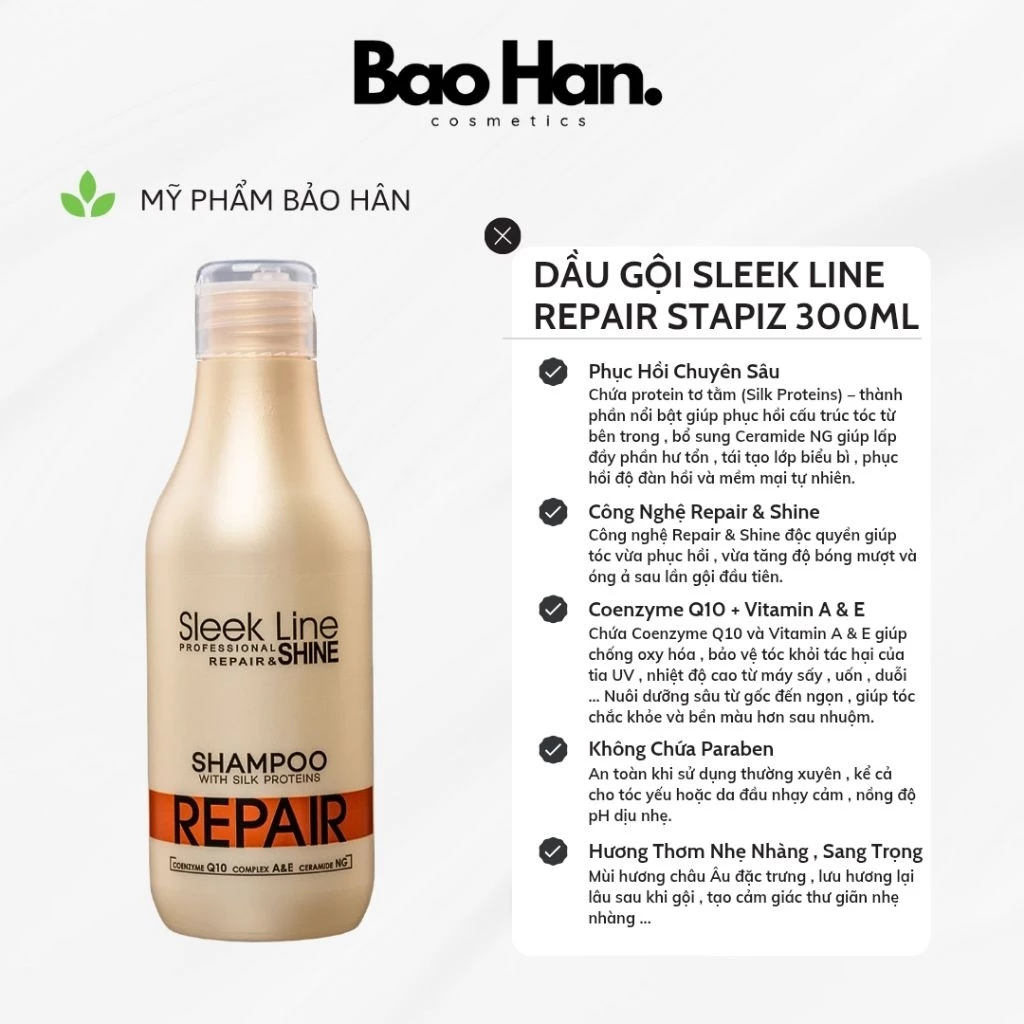 DẦU GỘI CHỮA TRỊ SLEEK LINE REPAIR STAPIZ 300ml - PHỤC HỒI PROTEIN TƠ TẰM VÀ CERAMIDE NG, GIÚP TÓC CHẮC KHỎE, BÓNG MƯỢT