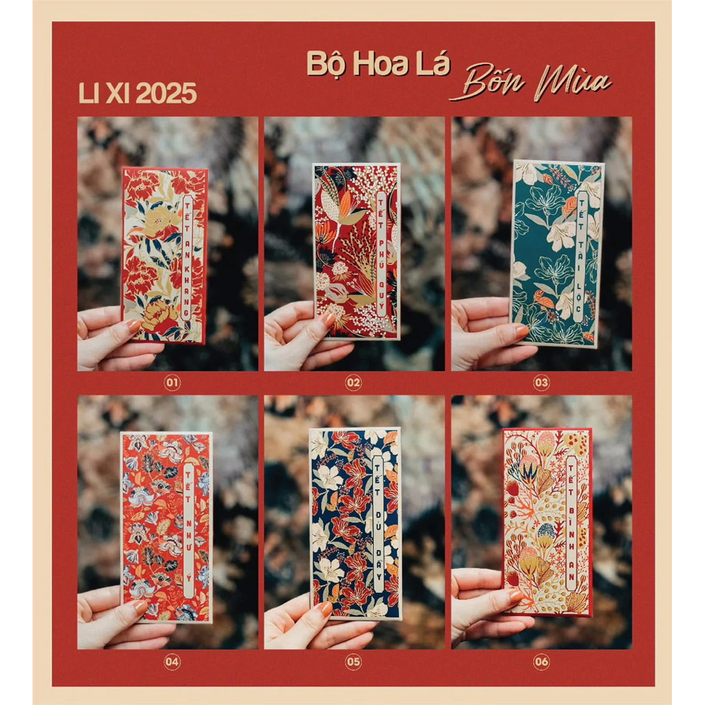 Combo 48 bao lì xì Vintage Tết 2026 chủ đề Hoa Lá Bốn Mùa Phú Quý Xuân May Mắn Đầu Xuân