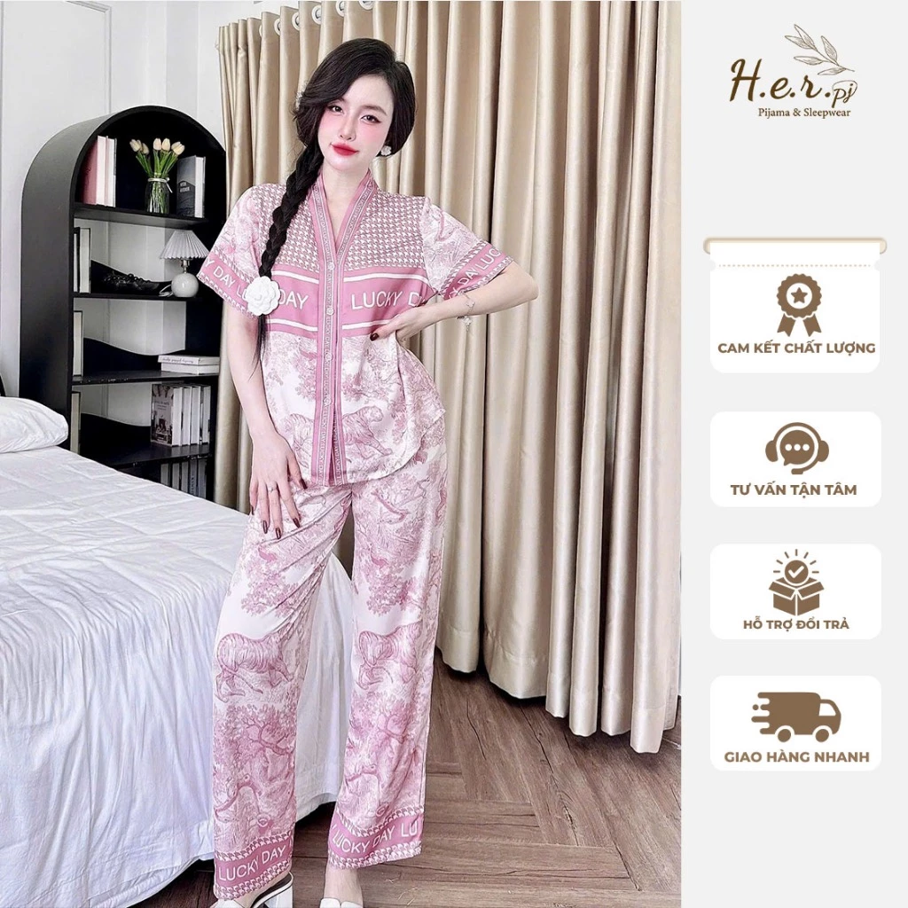 Bộ đồ ngủ nữ mặc nhà HER Pijama lụa latin tơ tằm cao cấp tay ngắn quần dài cổ y