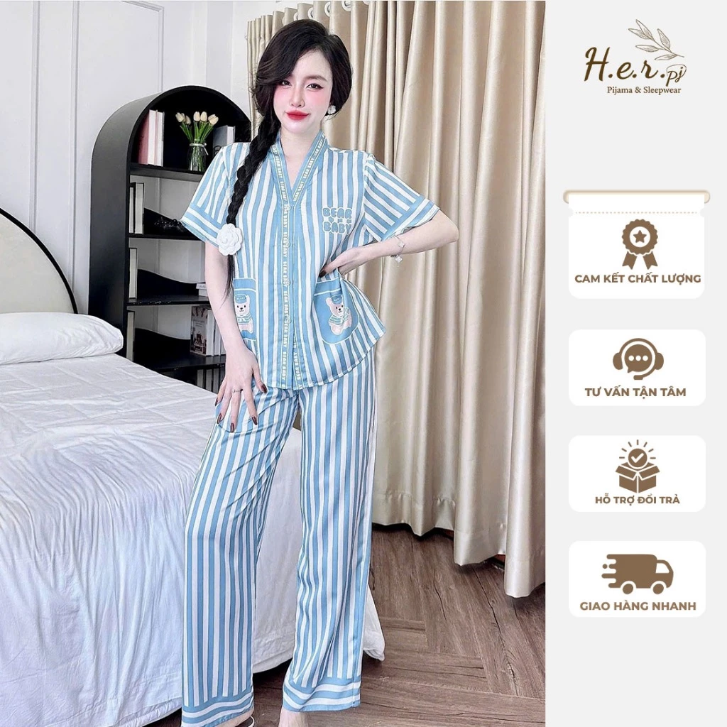 Đồ bộ nữ cổ y mặc nhà HER Pijama lụa latin cao cấp cộc dài họa tiết dễ thương