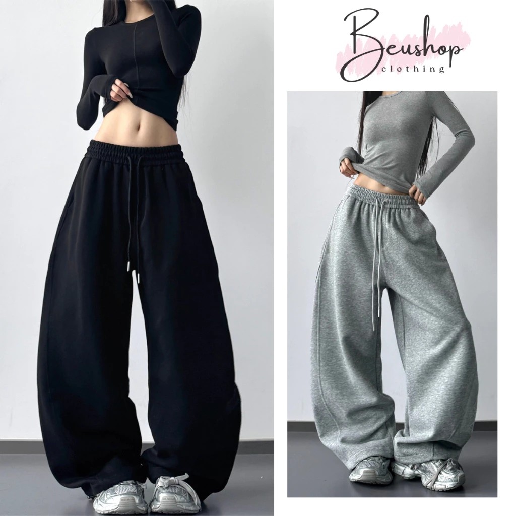 Quần Nỉ Nữ 2 Da Xám Tiêu Cạp Chun Suông Ống Rộng Lưng Cao Quần Nỉ Unisex Ôm Eo Tôn Dáng BIGSIZE BEU