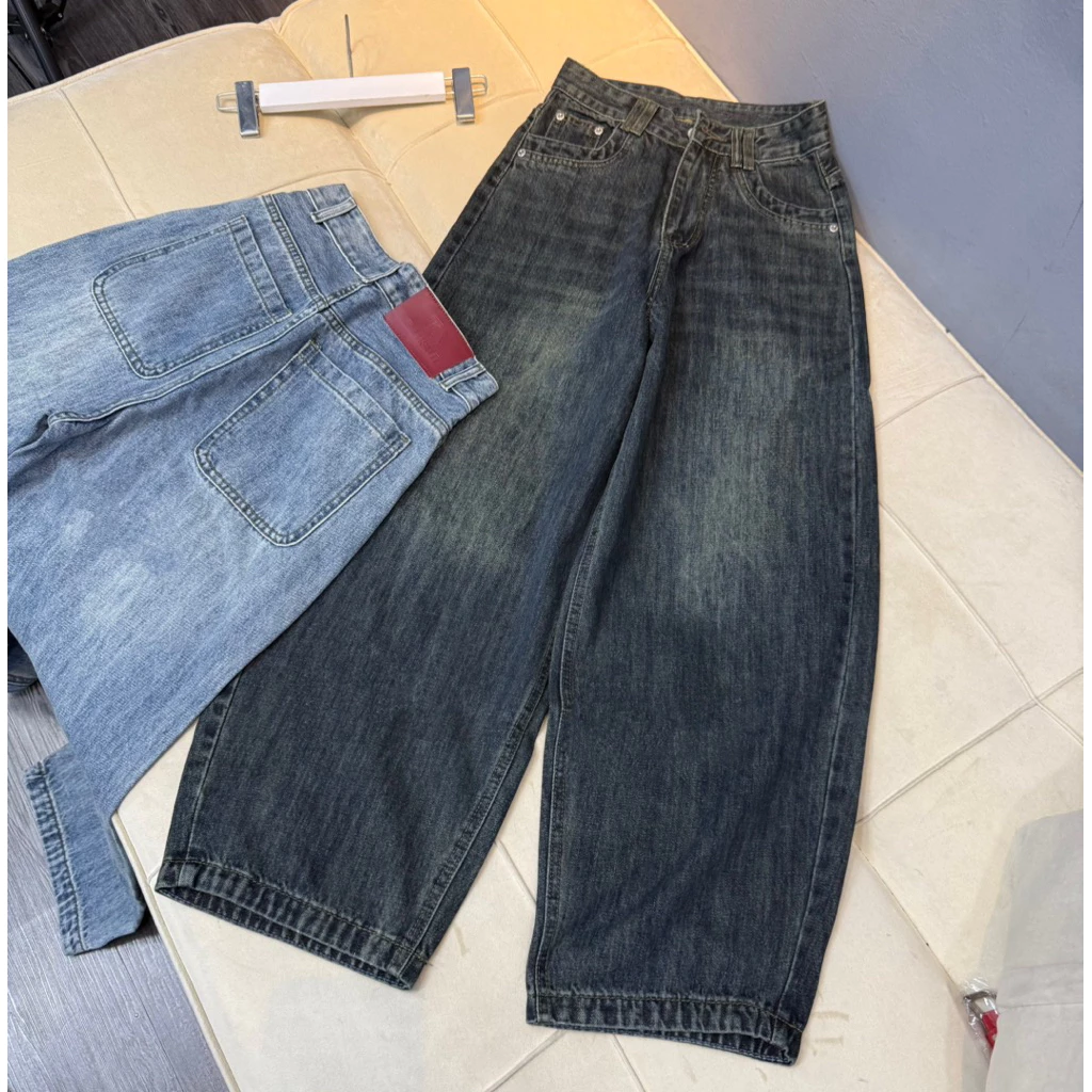 (95CM) Quần baggy jean thụng phối tag da ,  Đủ Size S/M/L Quần ống thụng (Baggy) 7386