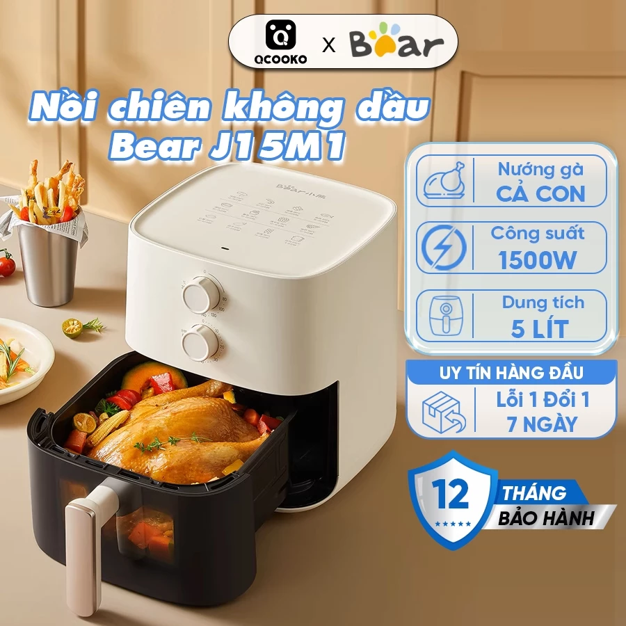 Nồi chiên không dầu Bear J15M1 dung tích 5L, Công nghệ chiên hơi nước ĐỘC QUYỀN, cửa kính trong