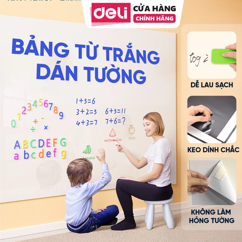 [Tặng kèm Full Dụng Cụ] Bảng Trắng Dán Tường DELI Nhiều Kích Thước - Bảng Trắng Viết Bút Lông Cho Bé