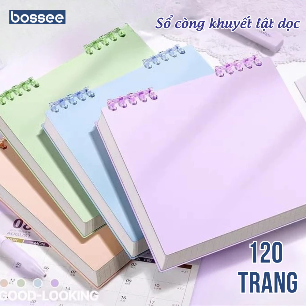 Sổ còng pastel dạng vuông Bossee 120 trang - sổ tay lật ngang/ lật dọc linh hoạt, giấy dày chống lóa, không in mực