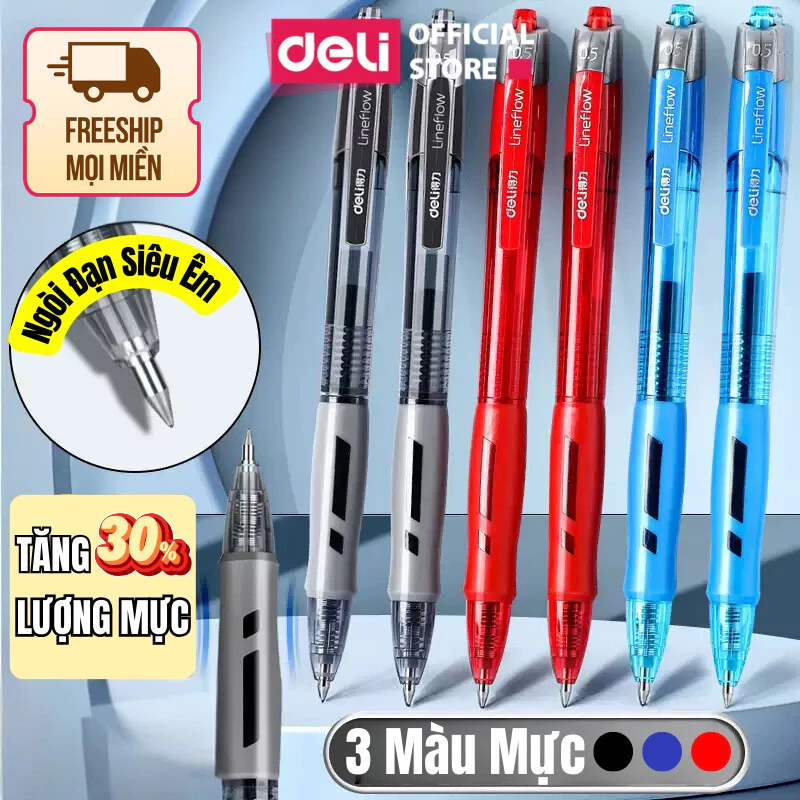 Bút mực gel bấm bút gel béo văn phòng Deli mực đen/xanh/đỏ S08 ngòi 0.5mm học sinh văn phòng mực đều viết trơn