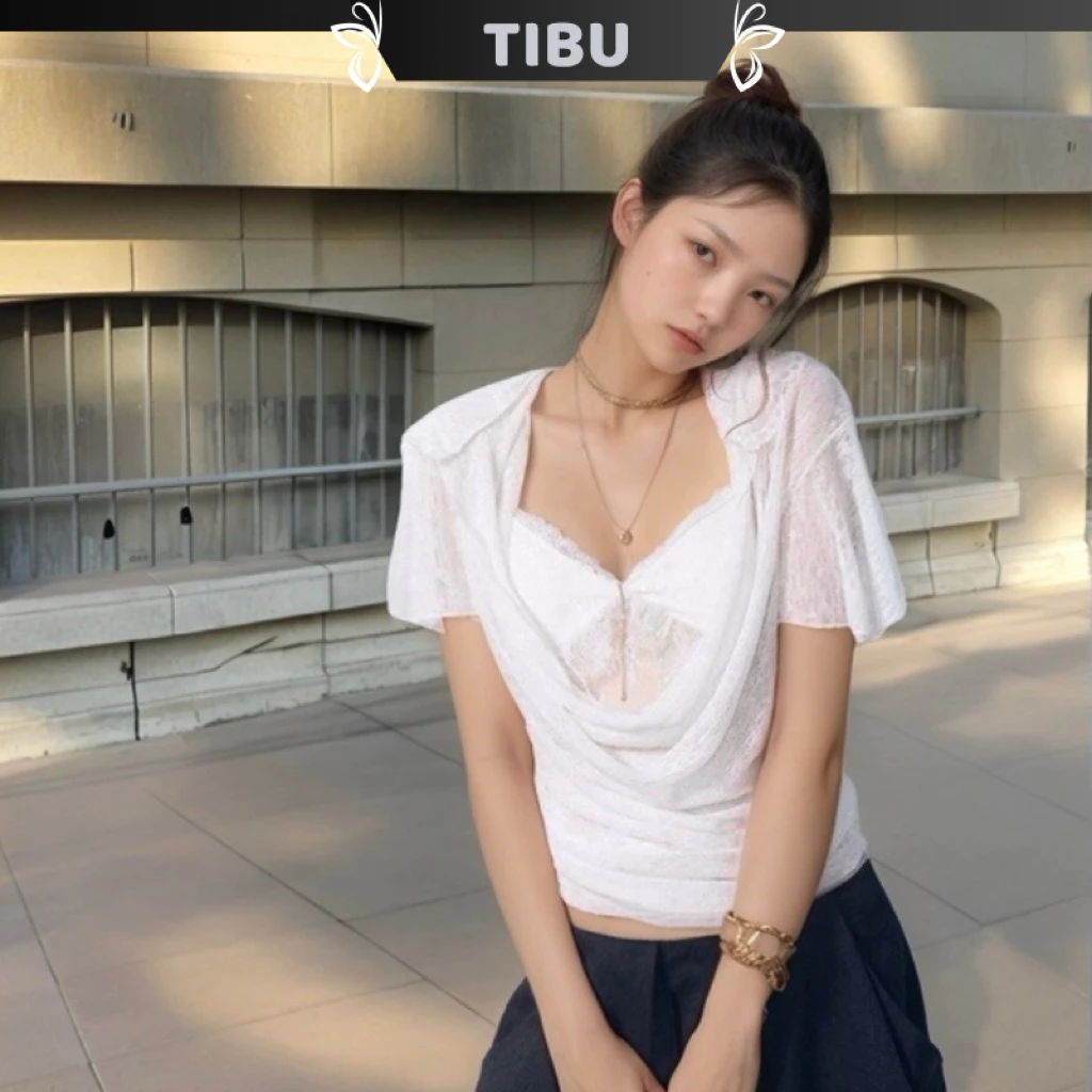 Áo Croptop Cổ Đổ Phối Mũ Hai Lớp Ren (kèm bra) TIBU Áo Kiểu Nữ Lạ Mắt Thu Đông Đi Chơi Dạo Phố A669